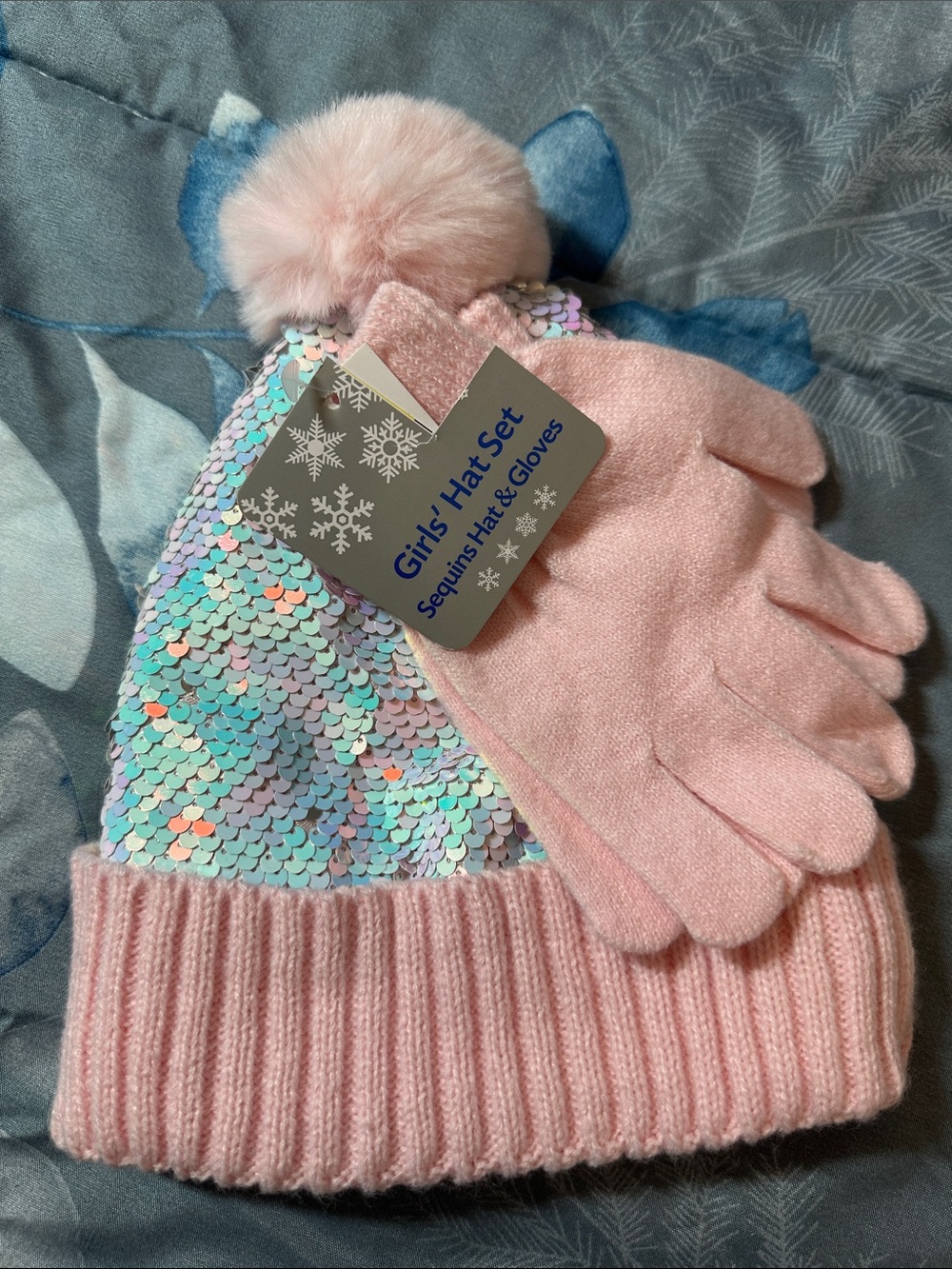 NWTS Girls Pink Sequin Pom-Pom Hat & Gloves Set OSFM